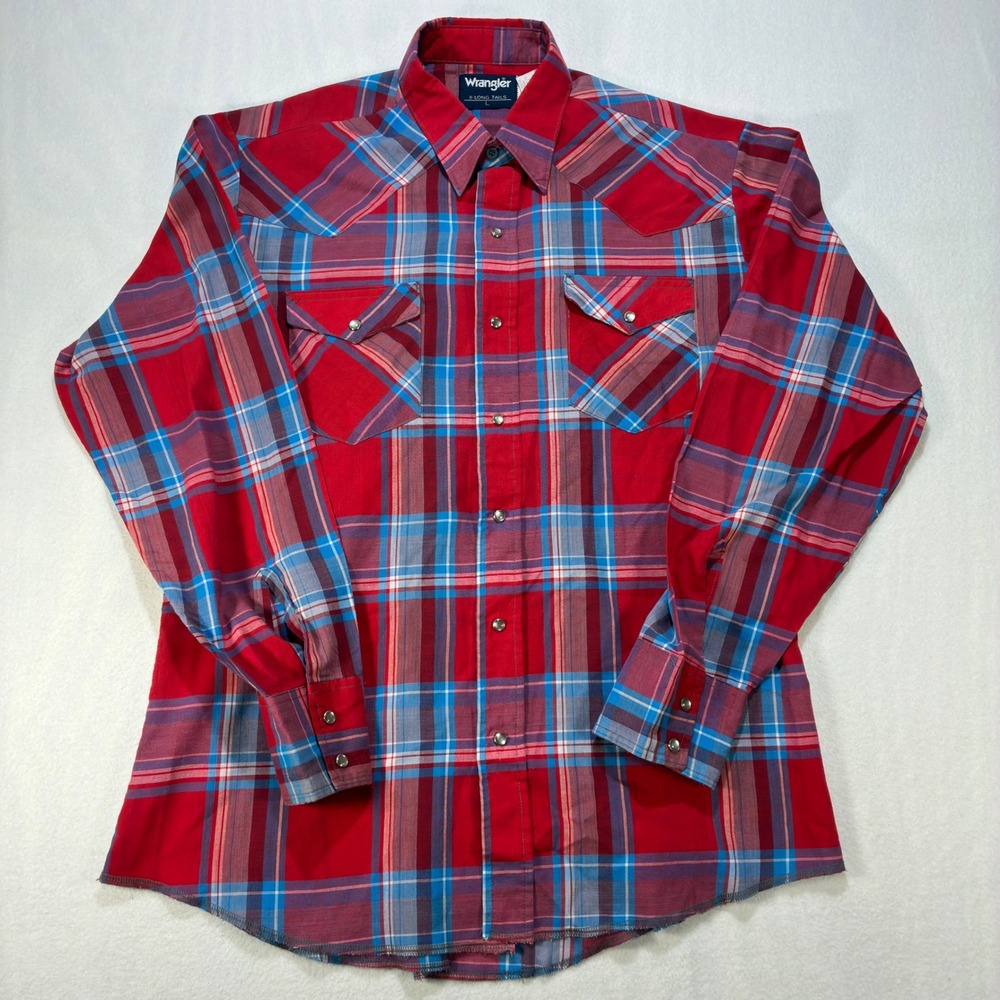 Vintage Wrangler Mens Large Pearl Snap Shirt Plaid Red Blue Western Made in USA